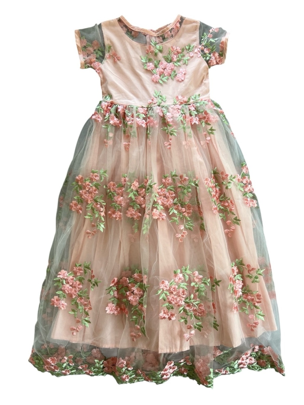Girls' Blush Pink Floral Embroidered Tulle Formal Dress